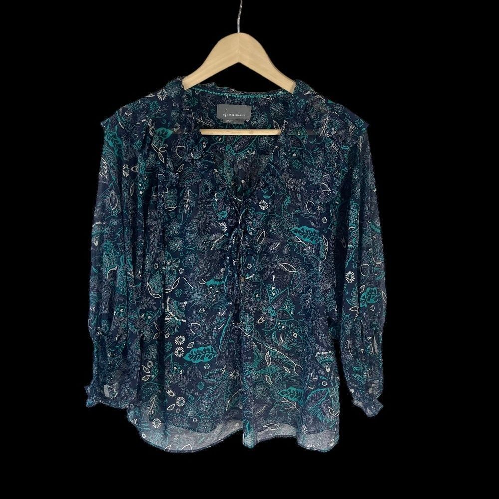 By Anthropologie Haida Blue/Green Ruffle Trim Floral Peasant Blouse Sz M